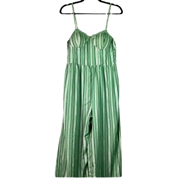 BAND OF GIPSIES SIZE L GREEN STRIPES JUMPSUIT ROMPER WIDE LEG PANTS SUMMER GUC - Picture 1 of 12
